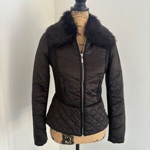 “White House Black Market” Black Quilted Puffer Jacket with Faux Fur Collar, XS